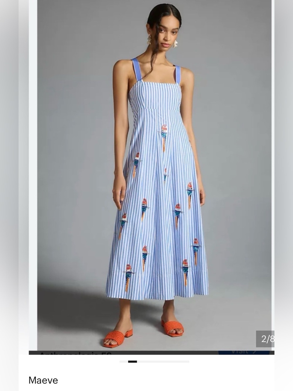 #Maeve Blue and White Striped Maxi Dress w sequence, parrot appliqué size 2